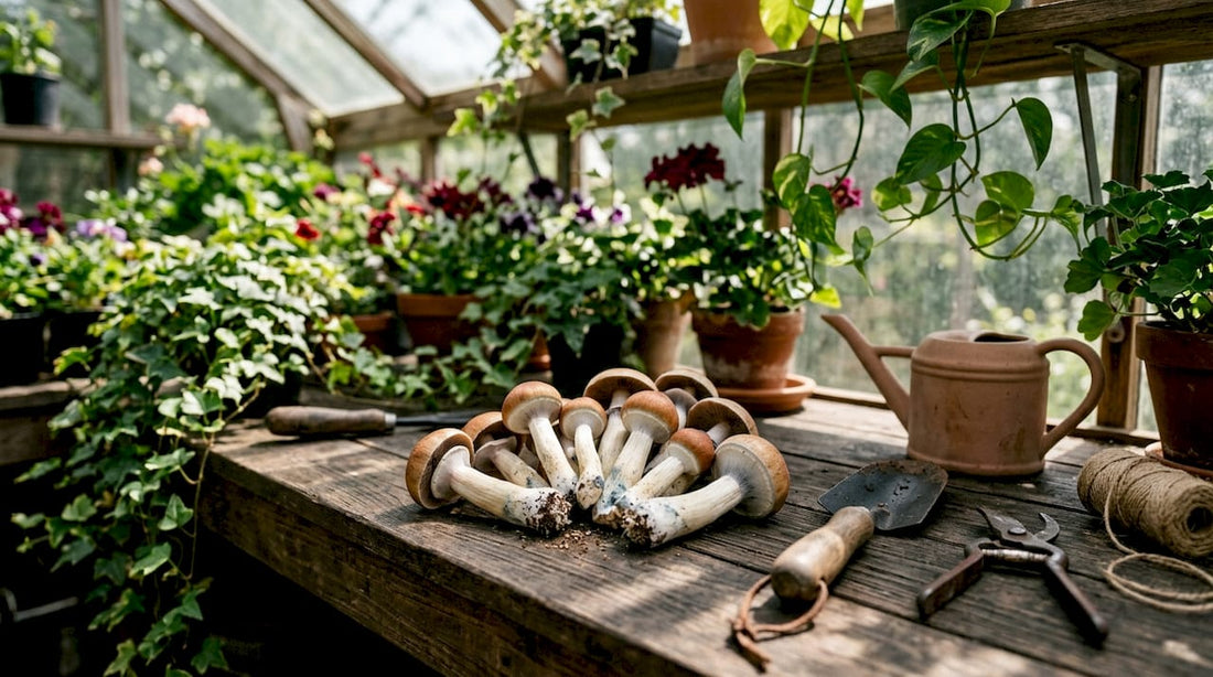 Fresh Pink Buffalo mushrooms on wooden table