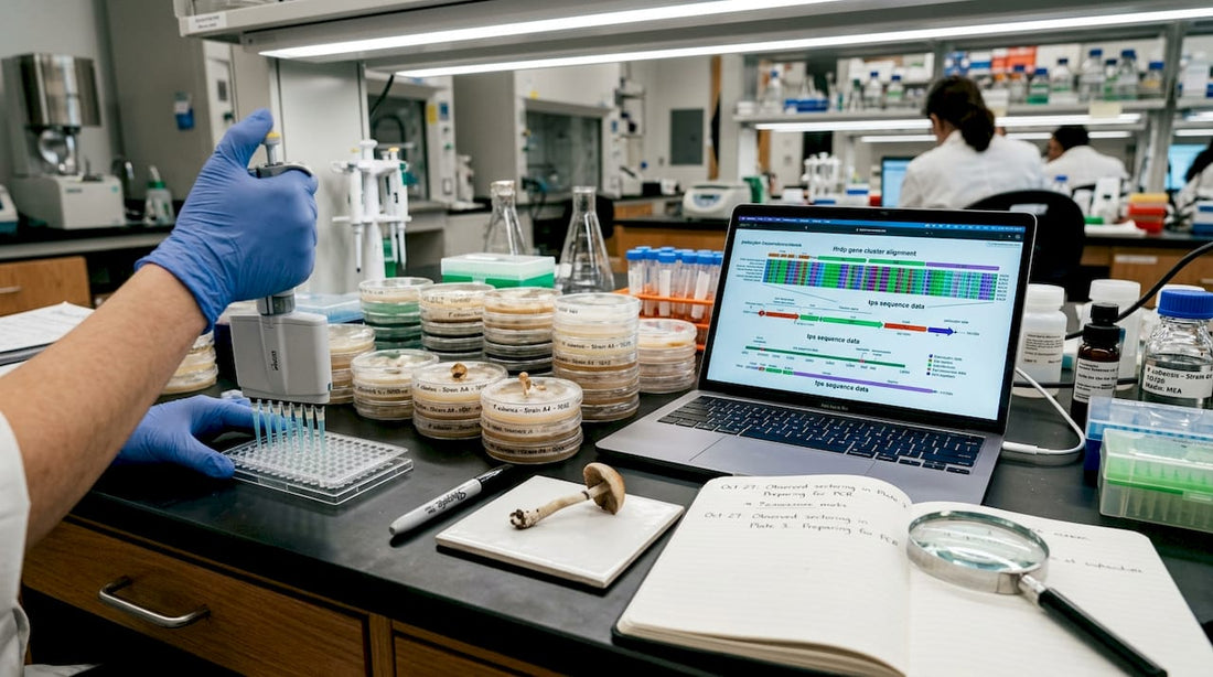 Laboratory bench with mushroom genetics research equipment