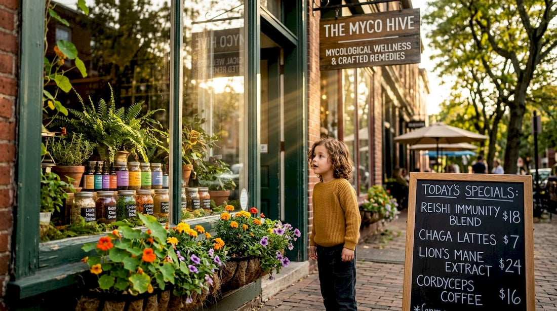 Mushroom wellness product storefront on city street