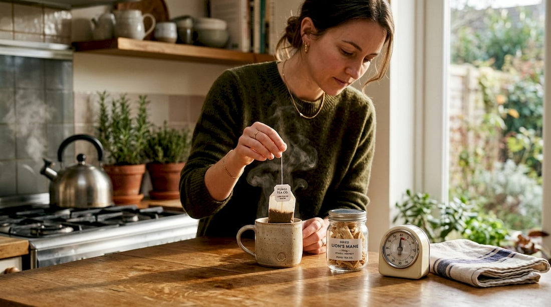 Woman brewing mushroom tea in kitchen