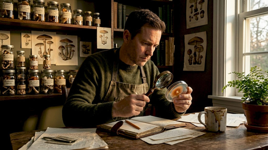 Scientist studying mushroom spores at desk