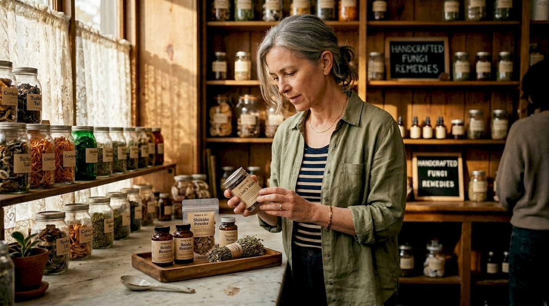 Customer browsing mushroom products in shop