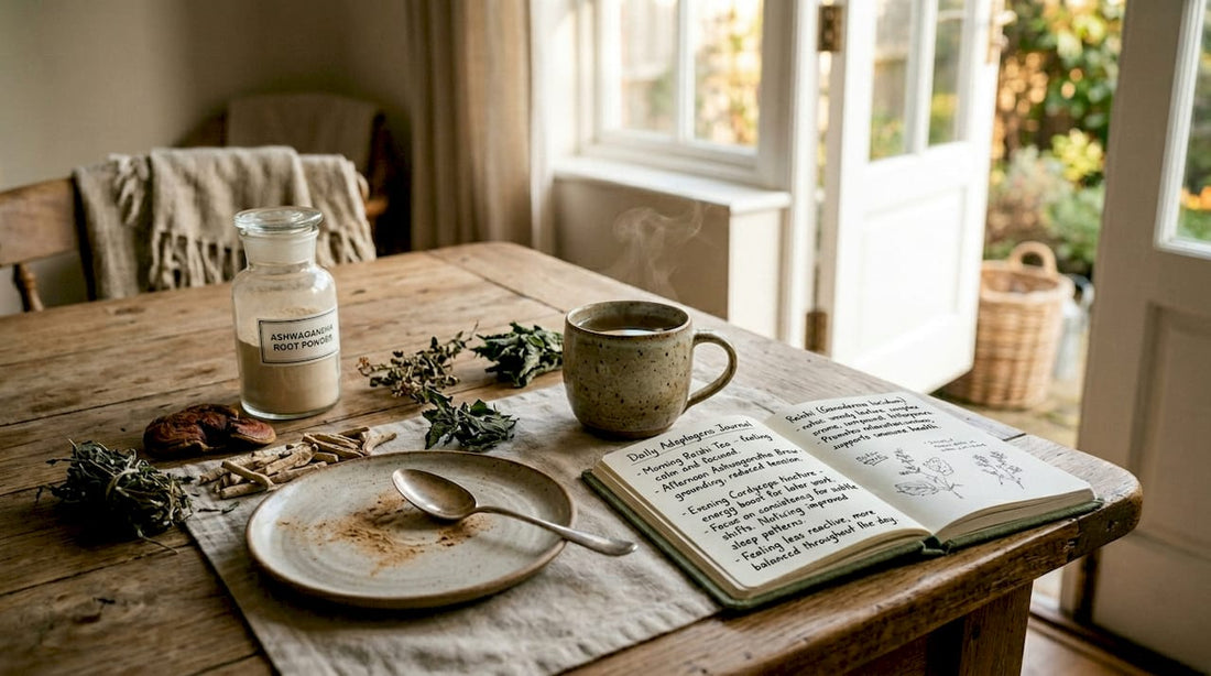 Natural adaptogen herbs and tea on wooden table