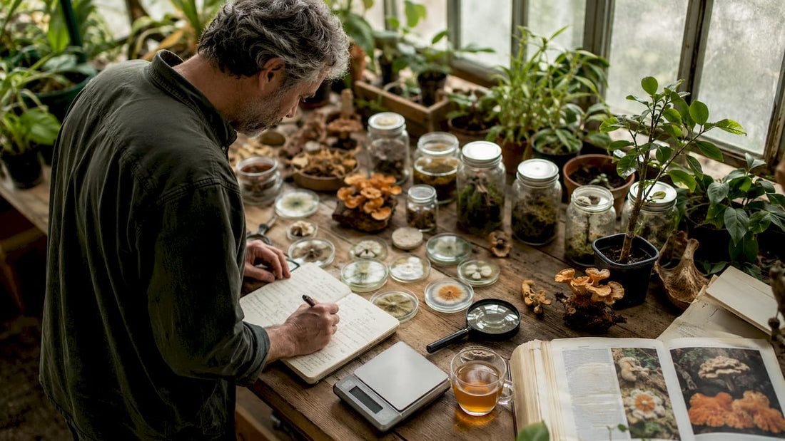 Mycologist studying mushroom strain notes