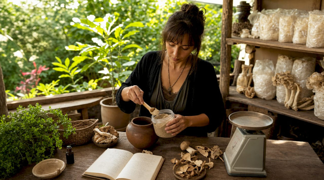 Woman mixing mushroom wellness supplements