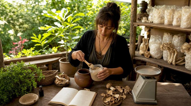 Woman mixing mushroom wellness supplements