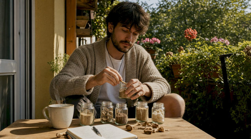 Person preparing mushroom stacking microdosing routine