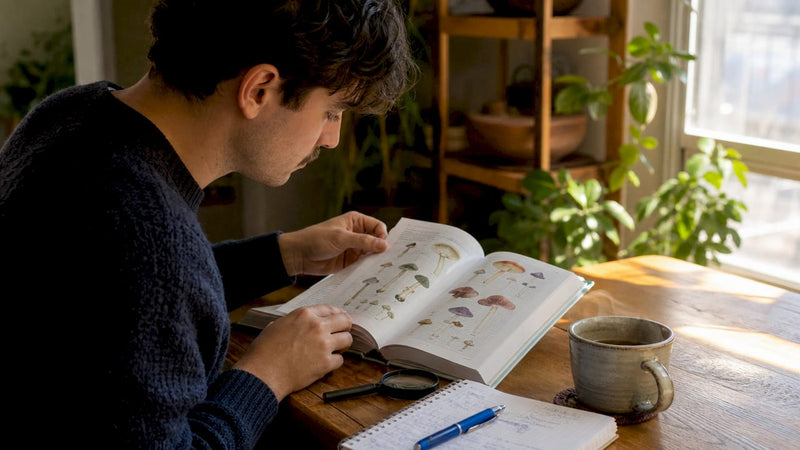 Person researching psilocybin mushrooms indoors