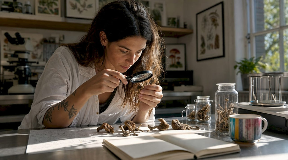 Mycologist examining dried psilocybin mushrooms