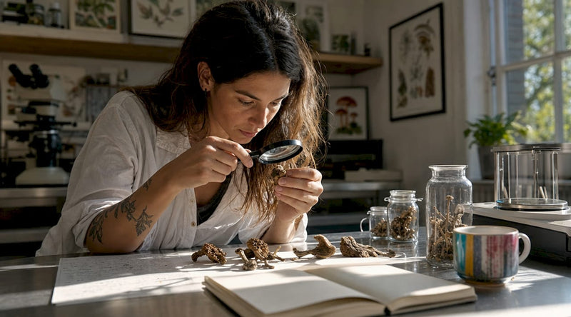 Mycologist examining dried psilocybin mushrooms