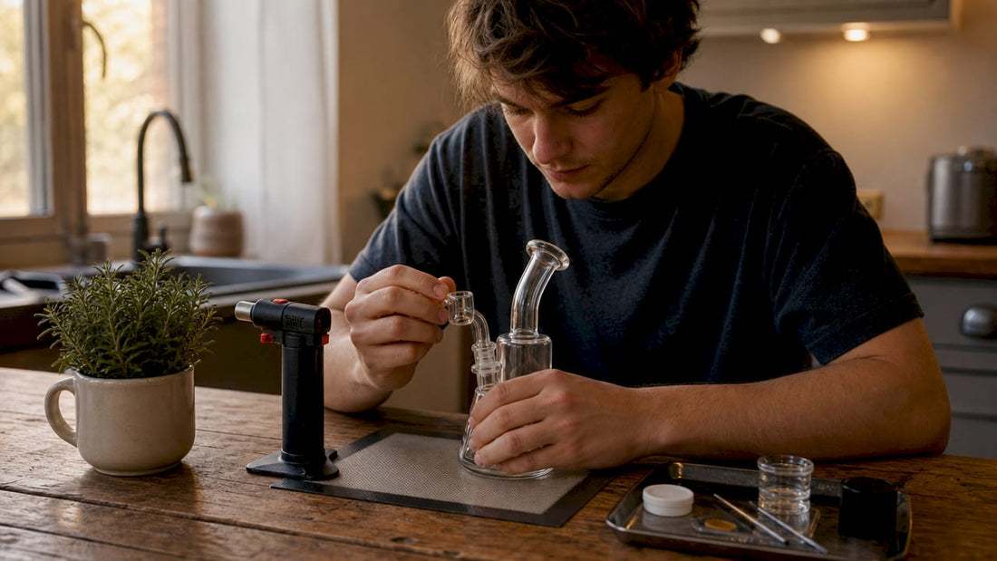 Person setting up dab rig at home table