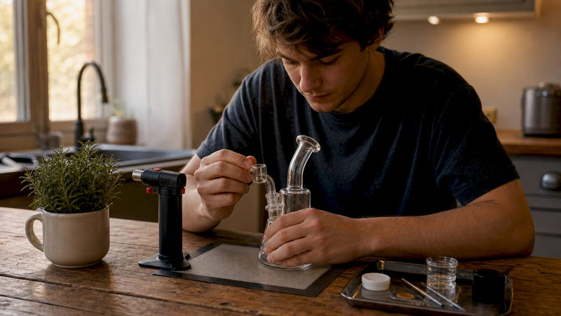 Person setting up dab rig at home table