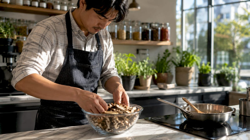 Chef blending fresh mushrooms in kitchen