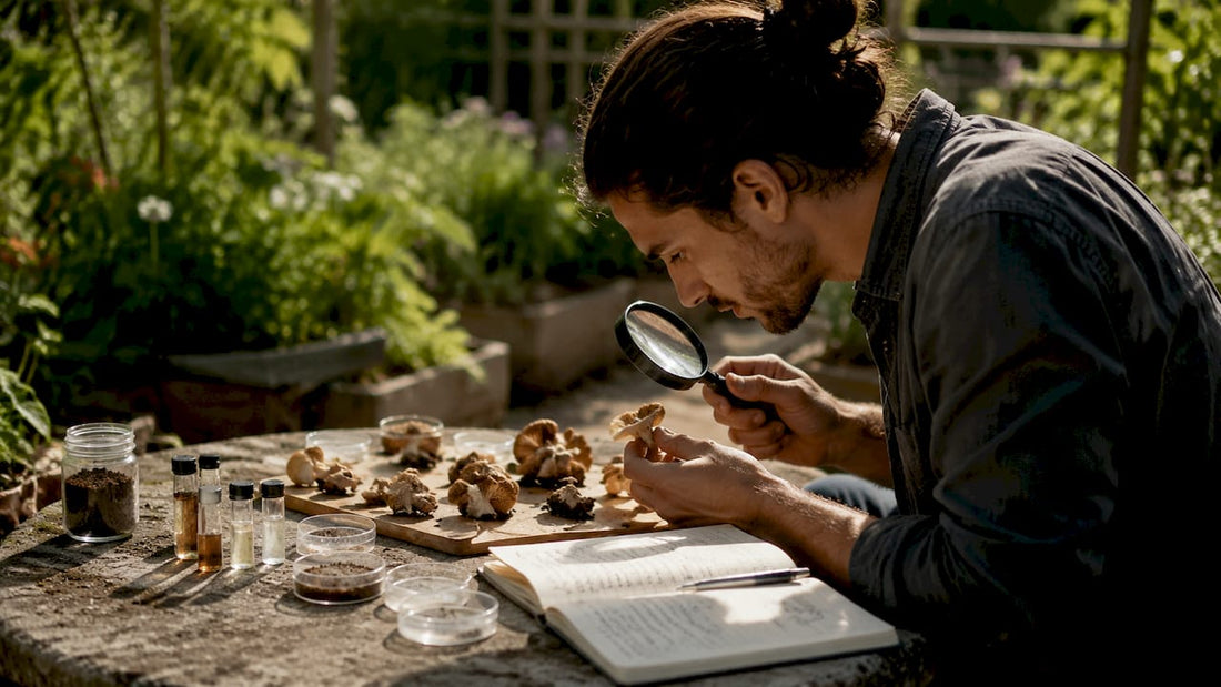 Mycologist examining mushroom strains in greenhouse