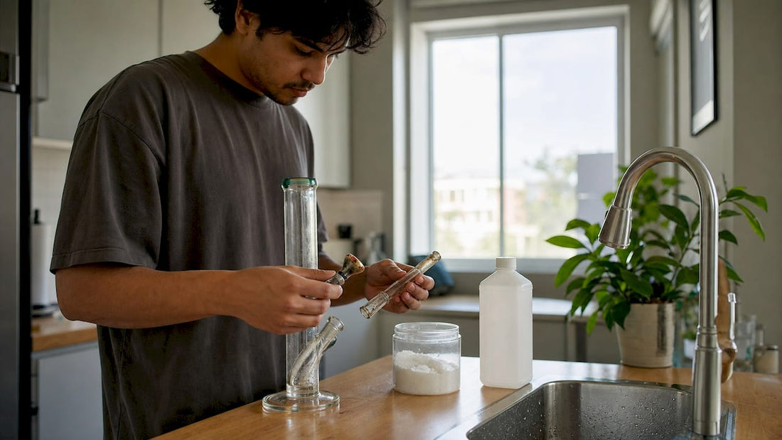 Person disassembling bong on bathroom counter