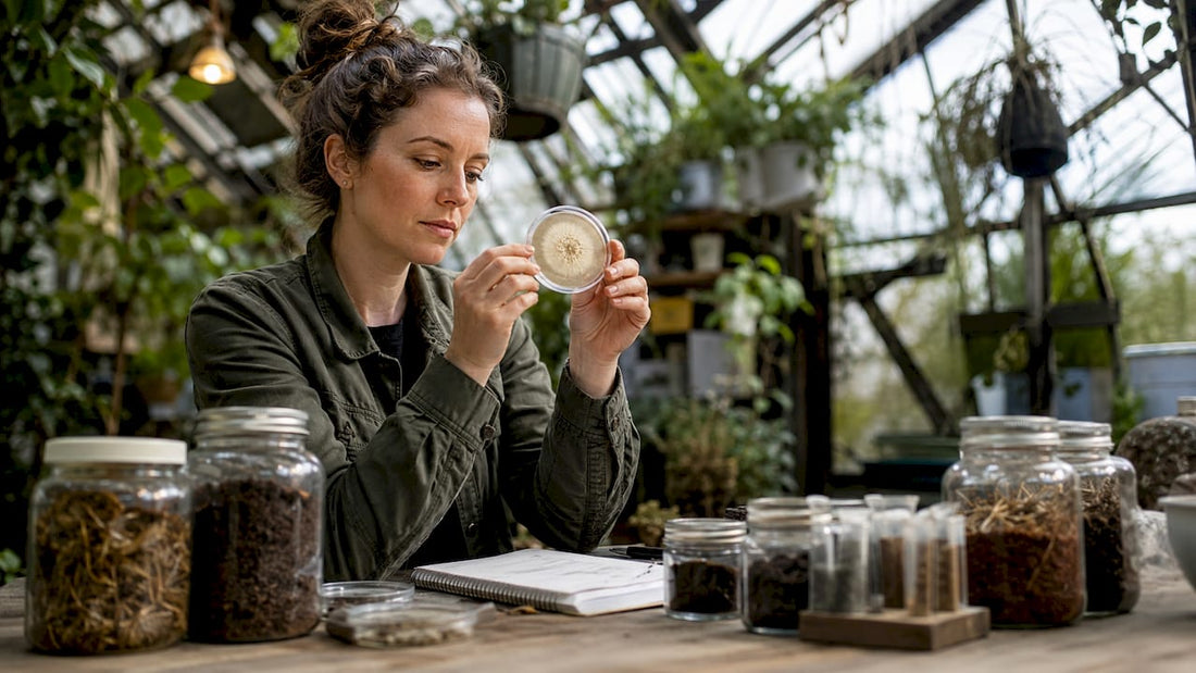 Mycology expert examining mushroom culture in lab