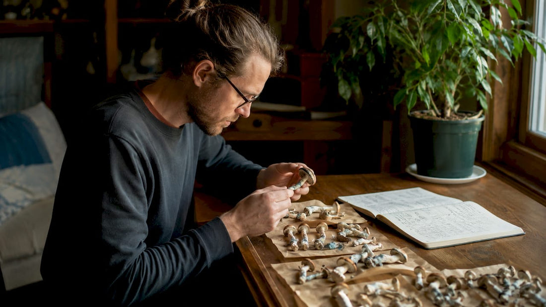Person examining magic mushroom strains in botanical lab