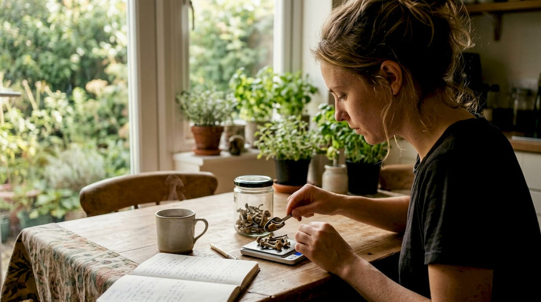 Person measuring dried mushrooms at table