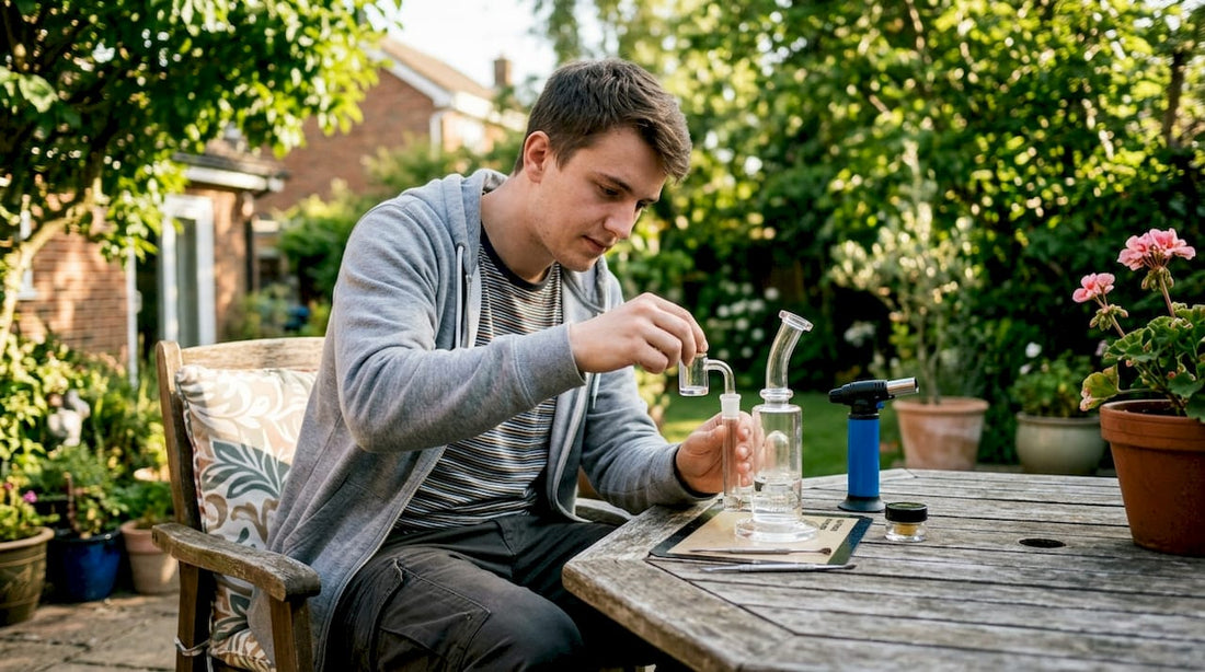 Person setting up dab rig on wooden table