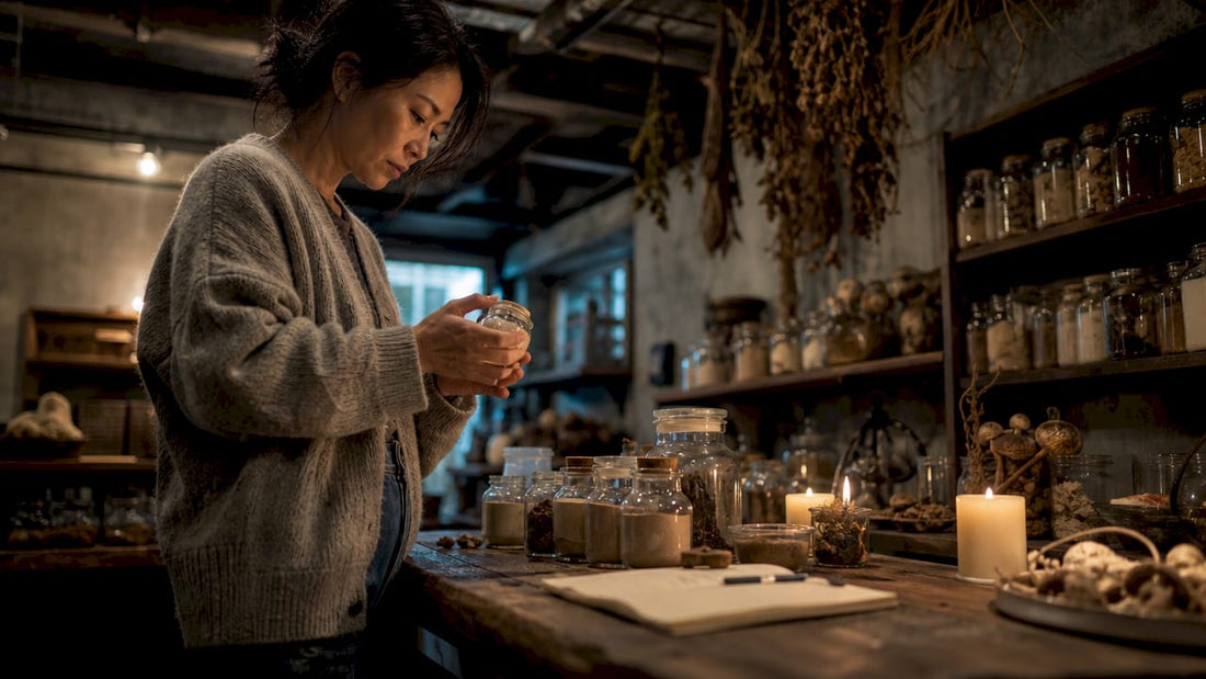 Shopkeeper inspecting mushroom edibles behind counter