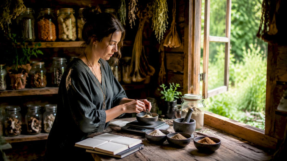 Herbalist sorting energizing and calming mushrooms