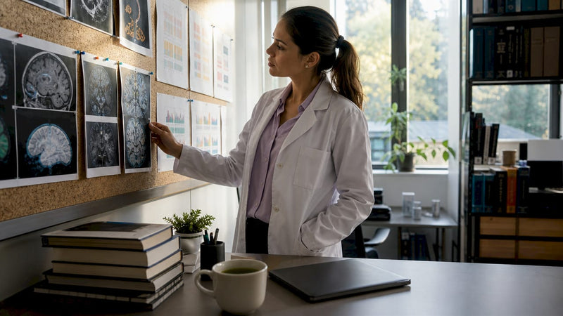 Neuroscientist reviewing psilocybin brain research