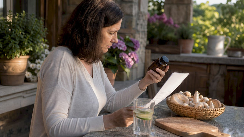 Consumer reviewing mushroom product quality documents