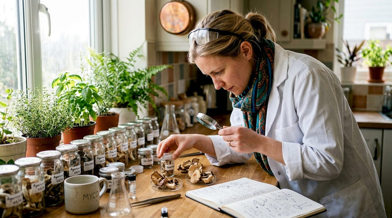 Biochemist examining mushroom samples in lab