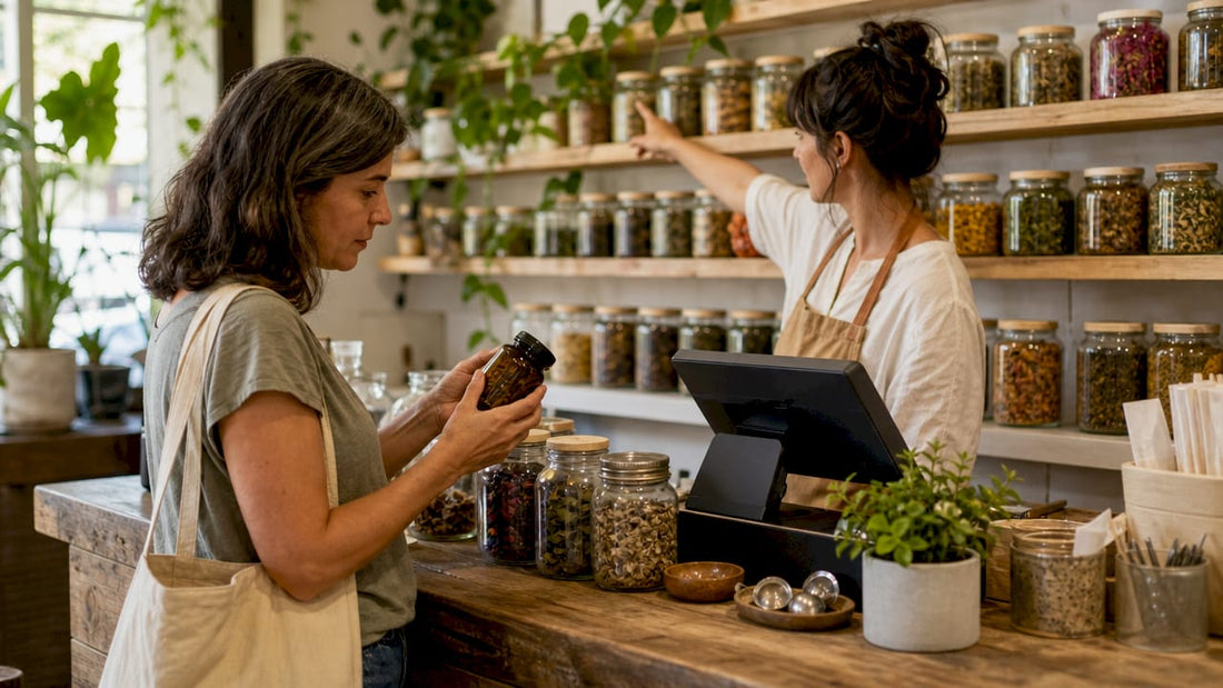 Customer examining microdosing cannabis products in shop