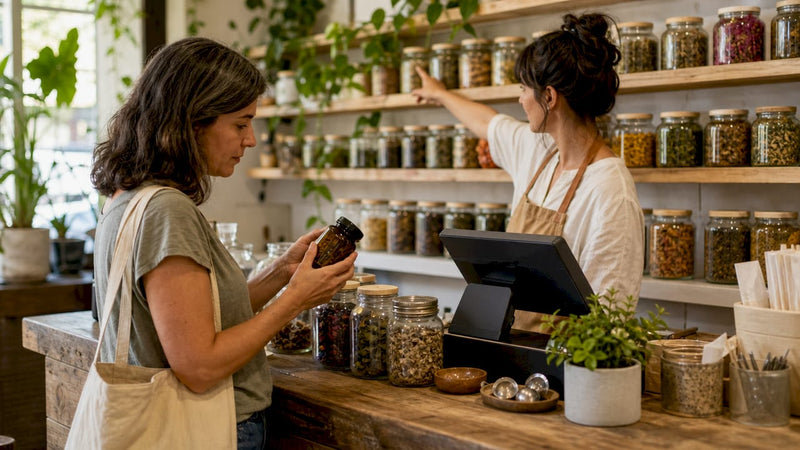 Customer examining microdosing cannabis products in shop