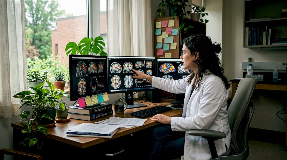 Neuroscientist reviewing brain scans in lab