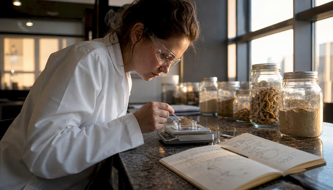 Scientist measuring microdose mushroom powder