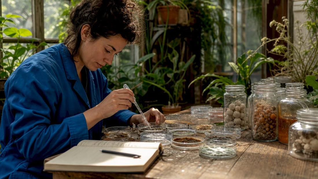 Mycologist studying mushroom lineage in lab