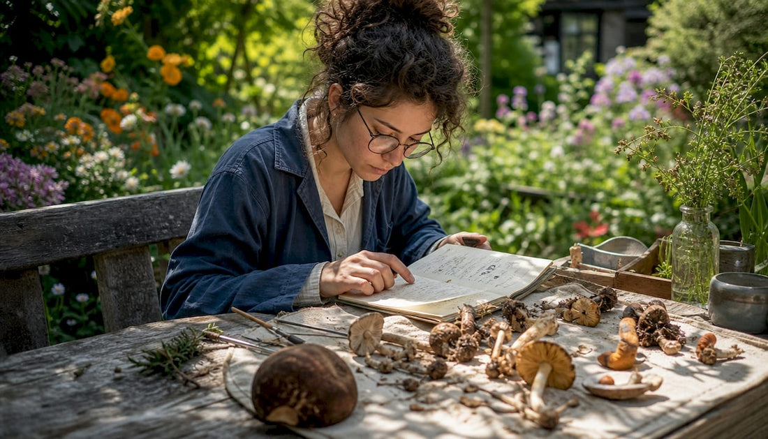Mycologist studying fungal evolutionary charts
