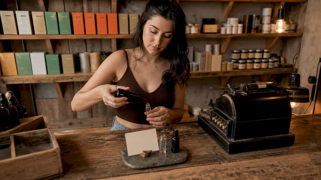 Shop attendant measuring adaptogen tincture in smoke shop