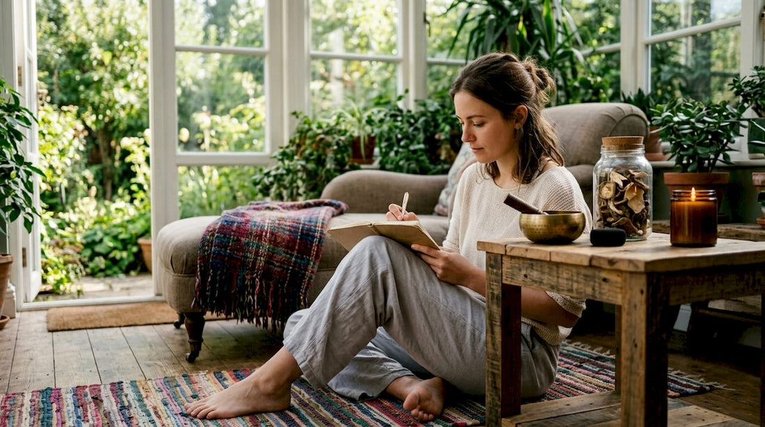 Woman journaling intentions for mushroom experience