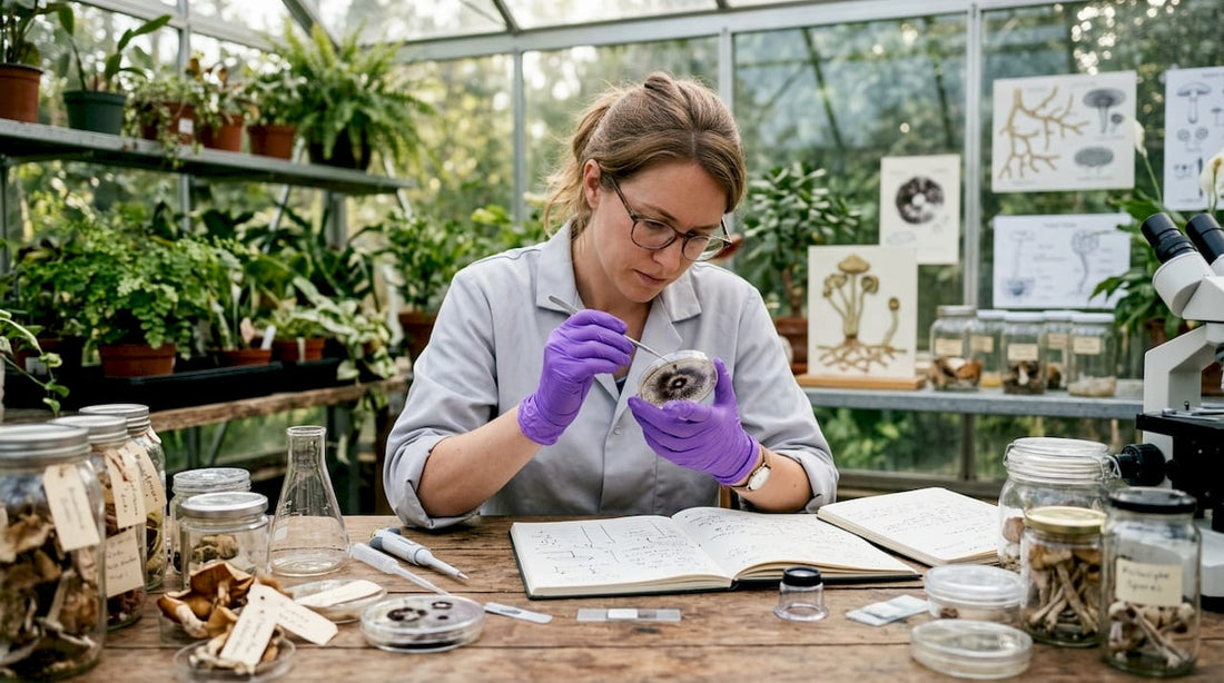 Mycologist studying psilocybin mushroom genetics in lab