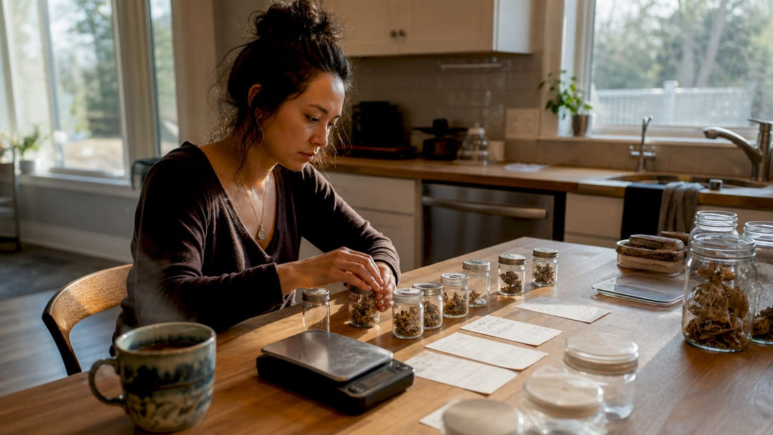 Woman examining psilocybin microdosing strains