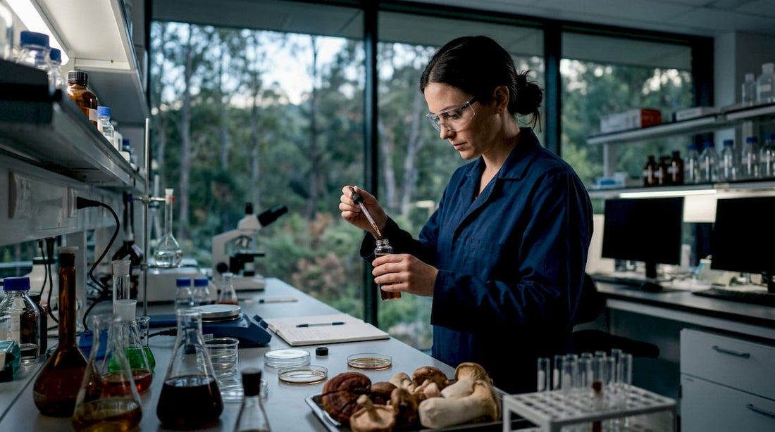 Scientist analyzing mushroom supplement extract in lab