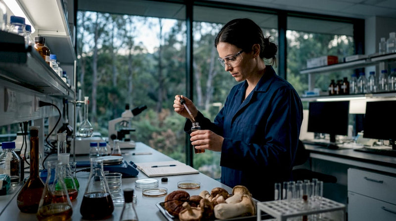 Scientist analyzing mushroom supplement extract in lab