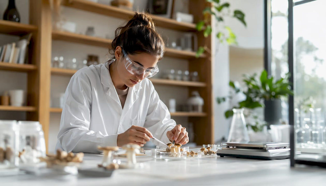 Technician testing mushroom potency in lab