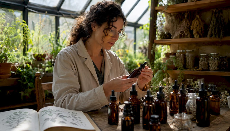 Botanist examining tincture bottles indoors