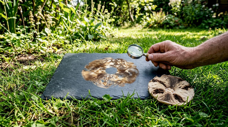 Close-up of fresh mushroom spore print on paper