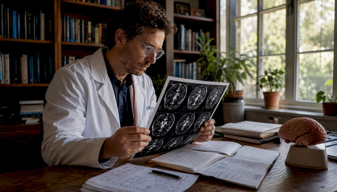 Scientist reviewing brain scans in neuroscience lab