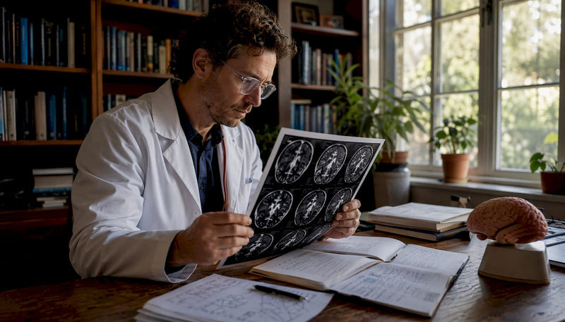 Scientist reviewing brain scans in neuroscience lab
