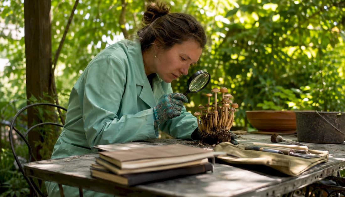 Mycologist examining magic mushrooms in lab