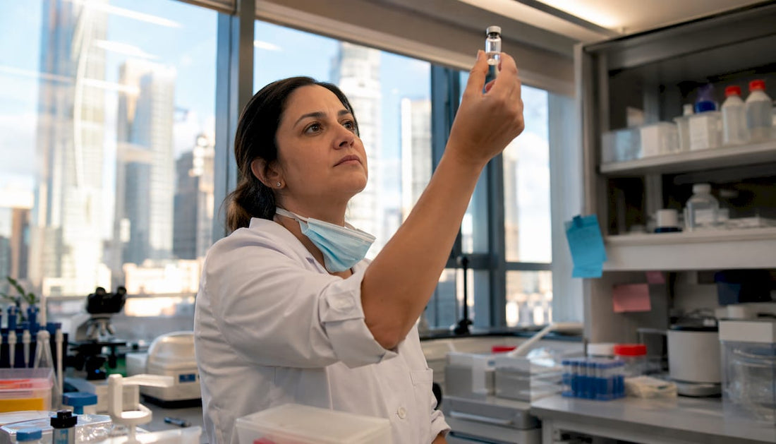 Pharmacologist inspecting GLP-1 medication vial in lab