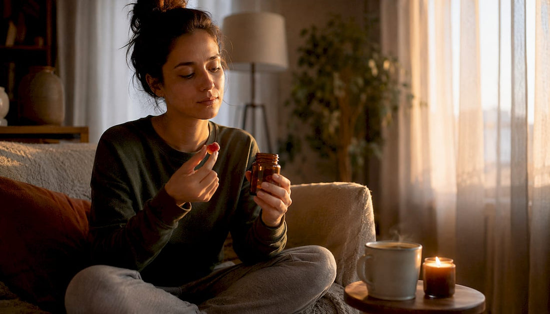 Woman examining full-spectrum gummies at kitchen table