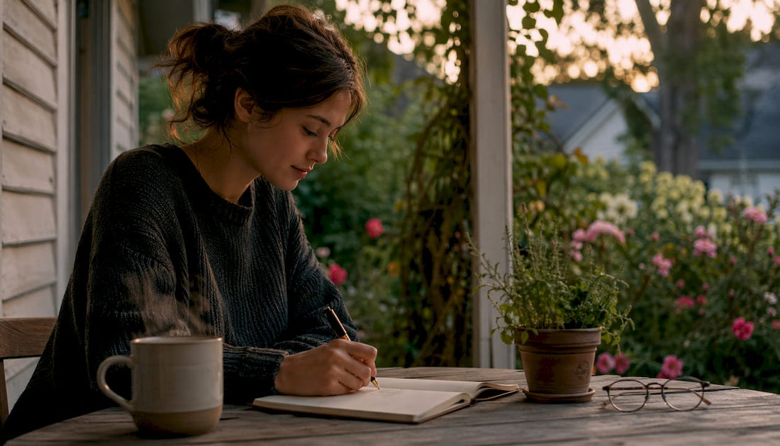 Woman journaling at home in morning light