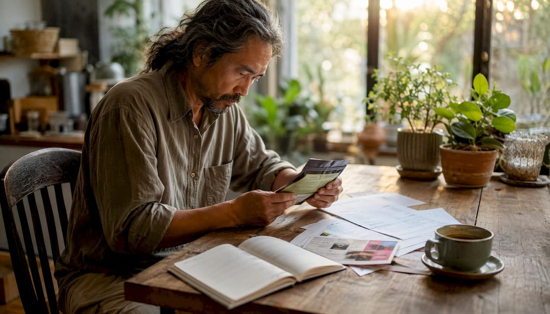 Person reviewing psilocybin product documents at desk